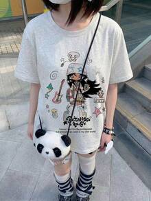 女士超大款印花T恤，Y2K可爱卡通女孩与星星印花，日系原宿街头风宽松T恤，落肩设计，充满美感，休闲夏季衬衫 - 淺花灰 - 查看 2