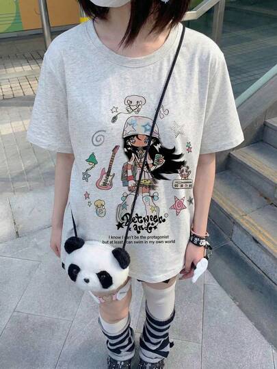 Oversized Graphic T-Shirt For Women, Y2K Kawaii Cartoon Girl & Star Print, Japanese Harajuku Streetwear Loose Tee, Aesthetic Indie Dropped Shoulder Top, Casual Summer Shirt