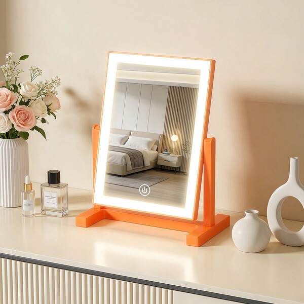 مرآة مكياج إضاءة LED ثلاثية الألوان قابلة للشحن قابلة للطي محمولة بسطوع قابل للتعديل، مرآة زينة ذات تحكم باللمس بأسلوب عصري مع إضاءة أمامية لديكور المنزل والحمام والمثالية لاستخدام طلاب السكن الجامعي، بتصميم على طراز إنستغرام