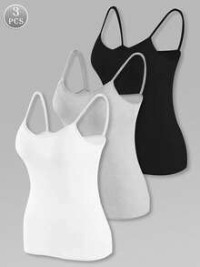 3pcs Women Seamless Camisole Vest Tops, Padded Bra With Spaghetti Strap, Multi-Color - Multicolor - View 11