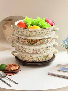 Luxury Persian Style + Complex Colorful Geometric Pattern/Contrasting Edge Trim + Round Shallow Pot Shape + Sturdy Heat-Resistant Handle + Easy To Clean Durable/Preserves Freshness & Warmth + Retro Palace Enamel Pot + Suitable For Holiday Entertaining/Outdoor Picnics & Barbecues/All-Season Kitchen Cooking - View 3