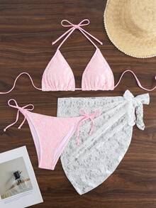 Women's Summer Lace Spaghetti Strap Sexy Bikini Set Set, Includes Cover-Up And Skirt Vacation - Baby Pink - View 1
