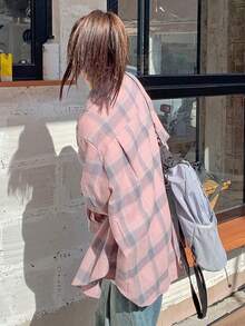 Pink Plaid Long Sleeve Shirt, Casual Loose Fit Suitable For Early Autumn Spring - Pink - View 9