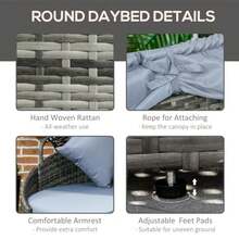 Outsunny 4-Piece Outdoor Rattan Furniture Set Round Convertible Patio Daybed Or Sunbed Sectional Sofa With Canopy Pillows Cushions Footrest Table PE Plastic Wicker Light Gray - Light Gray - 查看 6
