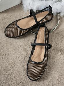 Giày bệt lưới rỗng cho nữ, giày búp bê thời trang, thoải mái, nhẹ nhàng, giày slip-on thoáng khí đi làm hàng ngày cho mùa hè, quà tặng Ngày của Mẹ. - Đầu tròn màu đen - Xem 6