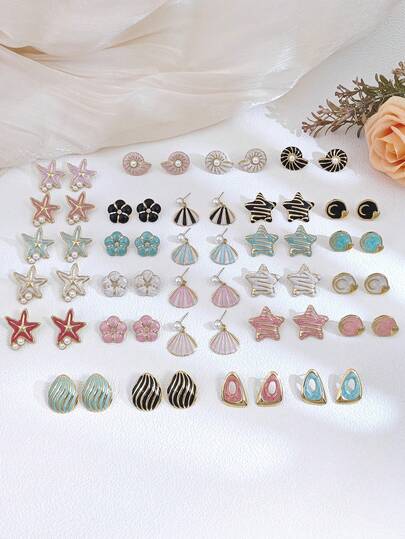 9对女士耳环套装，时尚彩色不锈钢首饰金色耳环套装，海滩海洋风彩色贝壳珍珠珐琅耳环，简约贝壳吊坠耳环，星形几何耳钉
