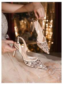 Women's High Heels, Women's High Heel Sandals, Women's Open-Toe Lace Mesh High Heels, Women's Closed-Toe Backless Stiletto Heels, Fairy Style, White, Floral, For Parties. - Champagne - View 4
