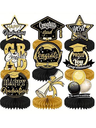 3/9pcs Honeycomb Party Table Centerpiece Decor, 2026 Graduate Party Decorations, Graduation Season Honeycomb Ball Decor, Suitable For Graduation Ceremony Centerpiece, Theme Party Holiday Honeycomb Ball (Paper)