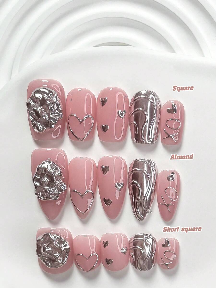 10 piezas Juego de Arte de Uñas Hecho a Mano, Decoraciones de Uñas de Metal Líquido 3D que incluyen Formas de Corazón de Plata, Calcomanías de Línea 3D, Combinado con Polvo de Espejo de Plata para Uñas Metálicas Elegantes, Viene con Herramientas para Uñas (1 Pegatina de Gelatina + 1 Lima de Uñas). Adecuado para Uñas Cuadradas, Cuadradas Cortas, con Forma de Almendra, Ideal para Fiestas, Uso Diario, Eventos, Sesiones de Fotos, Viajes de Primavera/Verano - Multicolor - Ver 1