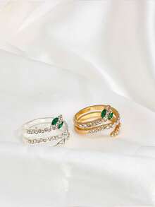 这款精致优雅的蛇形开口可调节扭纹缠绕戒指，镶嵌水钻，绿眼镶满钻石，是一款适合日常佩戴和万圣节的完美珠宝饰品。 - 彩色 - 查看 1