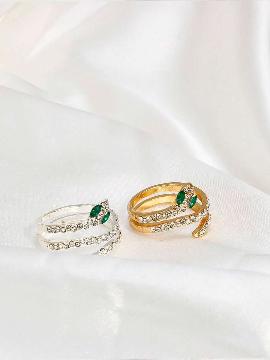 这款精致优雅的蛇形开口可调节扭纹缠绕戒指，镶嵌水钻，绿眼镶满钻石，是一款适合日常佩戴和万圣节的完美珠宝饰品。 - 彩色 - 查看 1