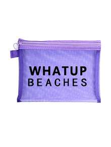 彩色防水网眼沙滩包，印有“WHATUP BEACHES”字样，沙滩主题，大容量透明化妆包，尼龙拉链洗漱包，轻便易携，可装防晒霜、零食、比基尼和沙滩必备用品。 - 彩色 - 查看 9