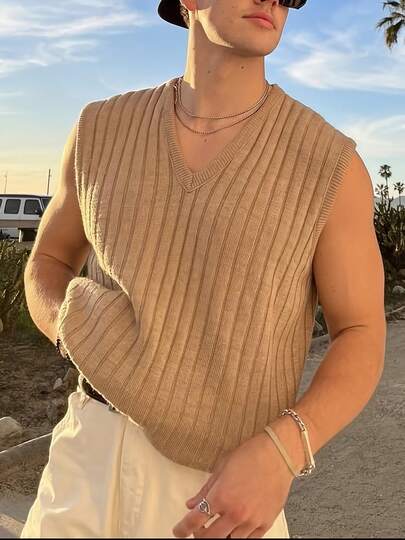 Áo len gile cổ chữ V phong cách ven biển, áo chui đầu không tay dáng rộng thoải mái dành cho nam, thích hợp cho mùa xuân và mùa thu.