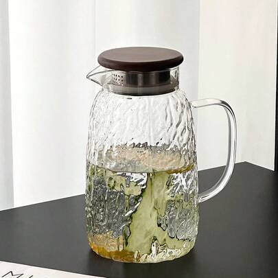 1pc Tree Bark Texture Cold Water Pitcher, 1.8L Large Capacity, Walnut Wood Lid, High Borosilicate Glass Teapot, Heat Resistant