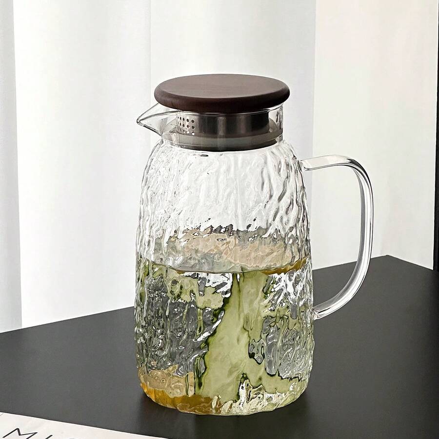 1个树皮纹理冷水壶，1.8升大容量，胡桃木盖，高硼硅玻璃壶身，耐热 - 無色 - 查看 1