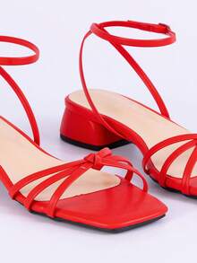 女士极简交叉露趾高跟凉鞋，新款夏季时尚百搭方头低跟罗马凉鞋，适合度假 - 紅色 - 查看 7