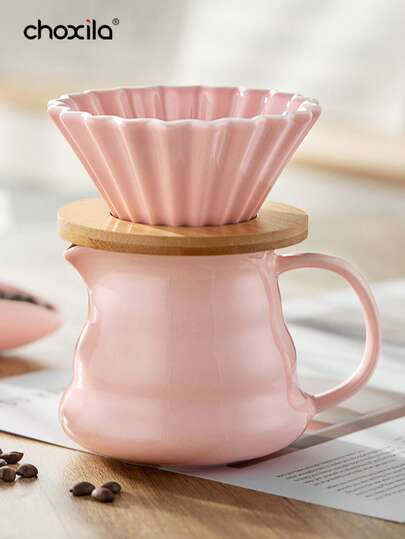 1ชุด/2ชิ้น ชุดเครื่องชงกาแฟสีชมพู หม้อแบ่งกาแฟ 450มล. หม้อกาแฟเซรามิกชงมือ ถ้วยกรองเซรามิกสีชมพู