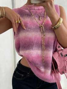 Live To Mo 粉色条纹渐变圆领无袖女士休闲夏季针织背心，适合夏季日常休闲穿着 - 粉色 - 查看 7