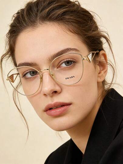 Prada 1 Cặp kính thời trang vuông trong suốt GUCCI, gọng kim loại mạ vàng và họa tiết phong cảnh nghệ thuật, thích hợp để đọc sách, giải trí, sử dụng máy tính, đi học và trang trí hàng ngày.