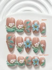10件套森林乡村风凝胶美甲套装，包含亚克力美甲贴纸、手工蓝色波点五瓣花美甲装饰、白色不对称山茶花、手绘蓝色镂空花卉、纯色水波纹美甲装饰、蓝绿色指甲油，甜美仙女风，内含美甲工具（1张果冻贴纸+1个指甲锉），三种尺寸可选：方形、短方形、杏仁形 - 彩色 - 查看 1