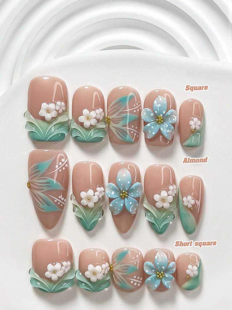 10件套森林乡村风凝胶美甲套装，包含亚克力美甲贴纸、手工蓝色波点五瓣花美甲装饰、白色不对称山茶花、手绘蓝色镂空花卉、纯色水波纹美甲装饰、蓝绿色指甲油，甜美仙女风，内含美甲工具（1张果冻贴纸+1个指甲锉），三种尺寸可选：方形、短方形、杏仁形 - 彩色 - 查看 1