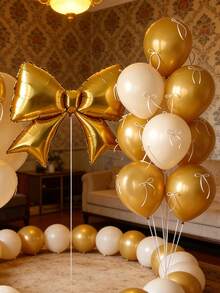 12pcs Large Gold Bow Foil Balloons, Gold & Macaron Color Latex Balloon Set, Includes Ribbons & Glue Dots For DIY, Suitable For Wedding, Engagement, Anniversary, Princess Party, Birthday Party Decoration - Gold - View 2