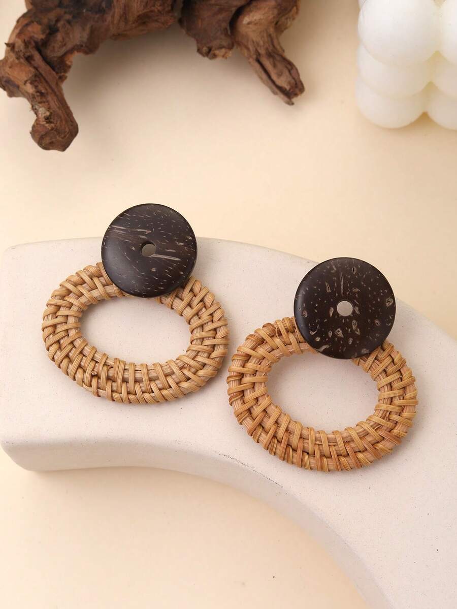 1 Pair Handmade Woven Rattan Hollow Elliptical & Natural Coconut Shell Round Exaggerated Earrings, Fashionable Island Vacation Style, Suitable For Vacation, Party And Gift - Khaki - View 1