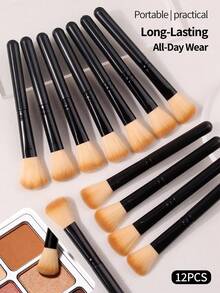 12pcs Round Blush Makeup Brushes, Soft Portable Professional Face Contour Highlighter Blush Makeup Tools - Black - View 3