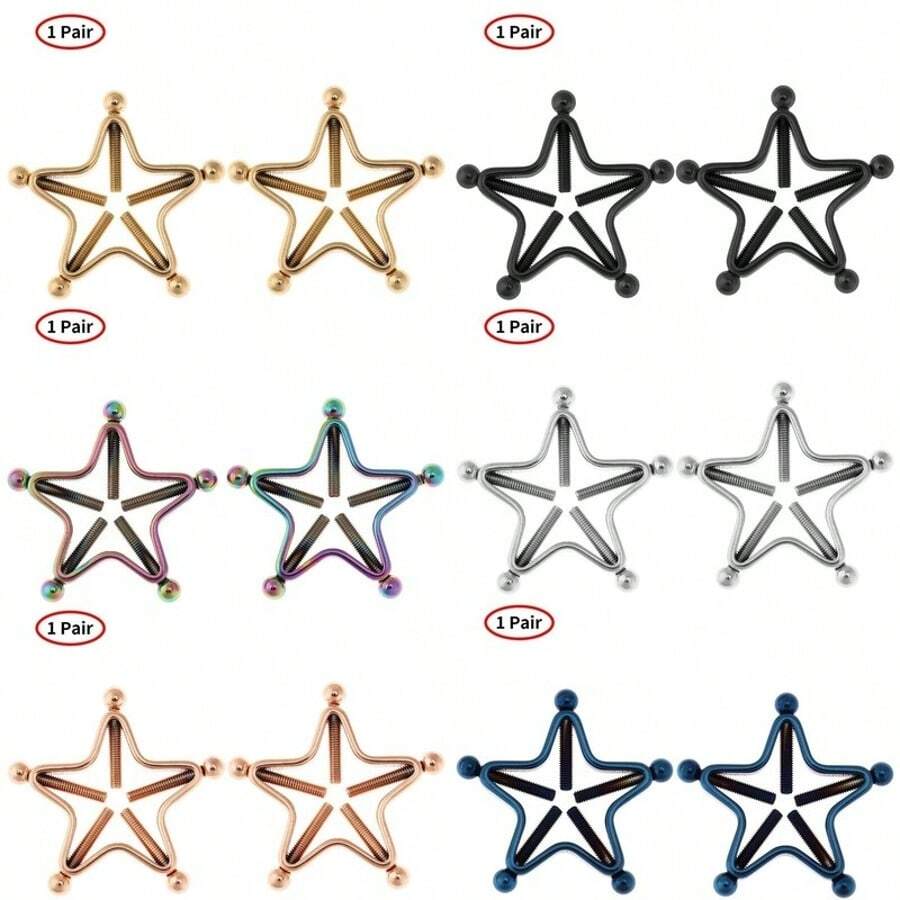 1 Cặp kẹp khuyên núm vú bằng thép không gỉ có thể điều chỉnh, không cần xỏ lỗ, trang sức cơ thể dành cho người lớn, hình khiên, ngôi sao, kẹp vít trang sức cơ thể dành cho phụ nữ - vòng núm vú - Xem 1