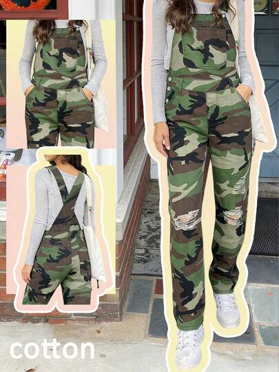 بذلة كارجو كاموفلاج عتيقة، بنطلون جينز واسع الساق بصدرية، متعدد الاستخدامات للخريف المبكر والصيف