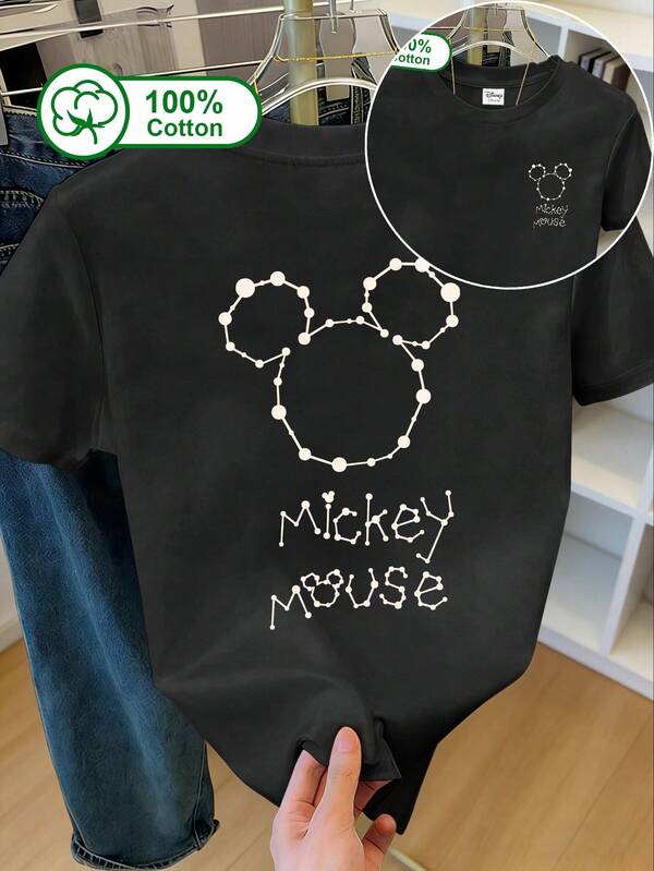 Disney Camiseta de manga corta casual diaria 100% algodón para mujer, con estampado de cabeza de Mickey conectada por líneas de constelación y texto "Mickey Mouse", adecuada para salidas diarias, campus, oficina y eventos con temática tecnológica. Camiseta con estampado de Mickey en negro para verano