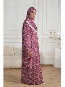 Ditsy Floral Hooded Muslim Long Robe With Lace Trim, One-Piece Hijab Dress, Loose Fit Plus Size Long Sleeve Robe, Breathable Daily Wear - Red - View 2