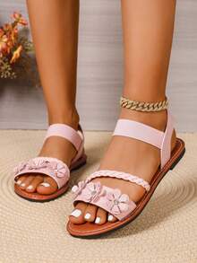 Teens' Flat Sandals With Floral Decor, Thin Sole Beach Slip-On Comfortable Versatile Student Sandals - Pink - View 3