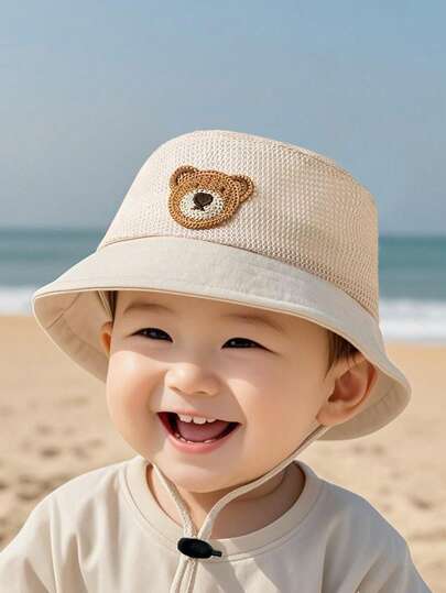 1顶纯色小熊图案儿童渔夫帽，可爱时尚小熊渔夫帽，适合男孩女孩日常佩戴、派对、春夏穿着，婴儿遮阳帽