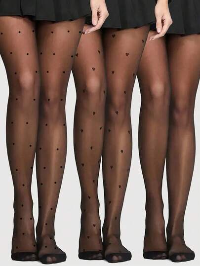 Sexy Sheer Pantyhose, Heart Polka Dot & Geometric Pattern, Polyester Fabric, Soft & Comfortable, Hand Wash Or Dry Clean, Suitable For Daily Wear And Holidays, Women Leggings, Black Tights, Thigh High Socks, Holiday Outfits
