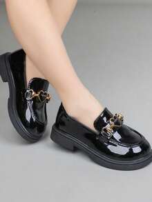 1 Pair Girls' Patent Leather Shoes, 2026 New Bowknot Thick Sole Loafers, Versatile Daily Casual School Princess Shoes - Black - View 2