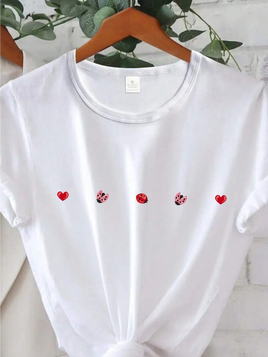 1pc Womens Cute Pink Ladybug & Red Heart Print Round Neck T-Shirt - High Elasticity Casual Short Sleeve Top, Machine Washable All-Season Comfort Fit Tee, Ladies T Shirts, Seasonal Fashion, Playful Design, Nontransparent Fabric - trắng - Xem 1