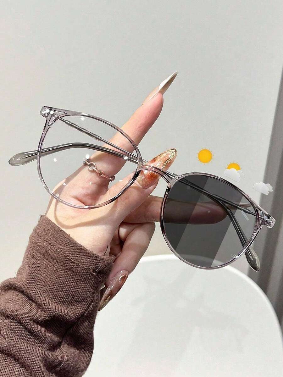 1 Pair Classic Round Photochromic Fashion Glasses, Suitable For Women's Daily Wear And Driving In Summer - 1pc Transparent Gray Frame-gray - View 1