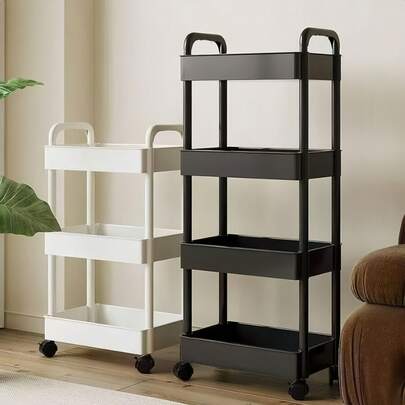 3-Tier Rolling Makeup Organizer Cart, Plastic Freestanding Multi-Purpose Utility Cart With Swivel Trays, Easy Assembly, Multi-Use Storage For Office, Bathroom, Kitchen, Pantry Shelf - No Power Required