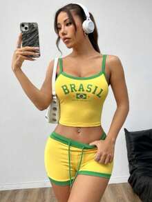 Conjunto regata e shorts ultracurtos nas cores da bandeira do Brasil - Amarelo - Visão 2
