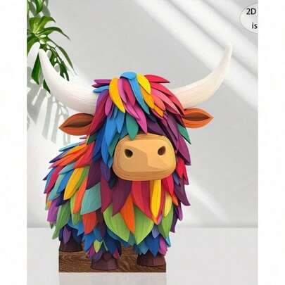 Colorful Highland Cow Sculpture - Bohemian Style Wooden 2D Printed Rainbow Bull, Vibrant And Lively Farm Animal Decor For Living Room, Bedroom, Office - Great Gift For Animal Lovers, Cow Decoration