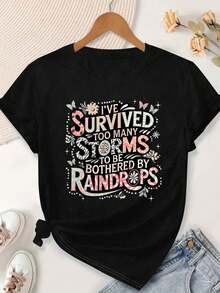 Women'S Plus Size Casual TShirt With Floral Butterfly Print I've Survived Too Many Storms To Be Bothered By Raindrops Design, Soft Comfortable For Spring Summer, Everyday Tshirt Floral Graphic Te - 黑色 - 查看 5