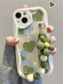 1pc Cute Green Heart-Shaped Beaded Anti-Slip Cord, Compatible With 16, 15, 14, 13, 12, 11 Pro Plus X XS XR Soft Silicone Protective Phone, Compatible With 17/17/17 Pro/17 Pro - Green - View 2