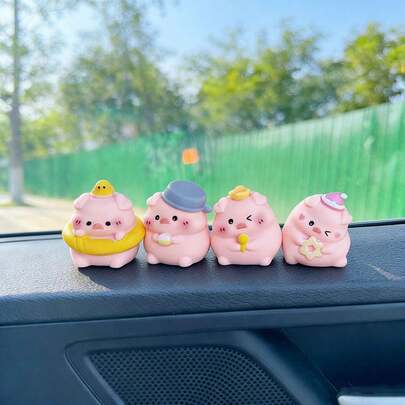 4pcs Cute Pudgy Pig Miniature Figurines, Creative Sweet Moment Decor, Suitable For Car Interior, Computer Screen, DIY Accessories, Keychain, Desktop