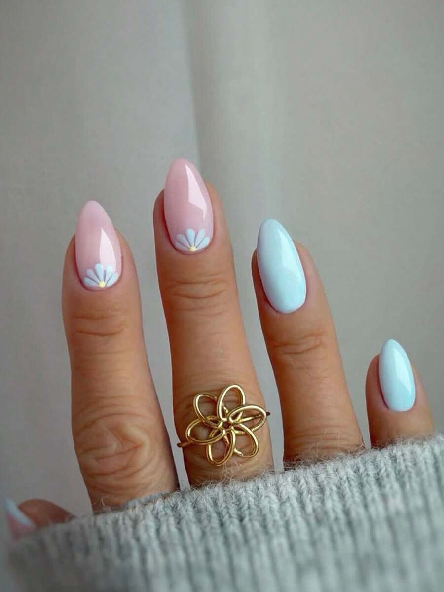 10pcs Handmade Light Blue Almond Shaped Nail Stickers, With French Manicure And Five-Petal Flower Design. Simple, Elegant, Cute And Fashionable Artificial Nails - Baby Blue - View 1