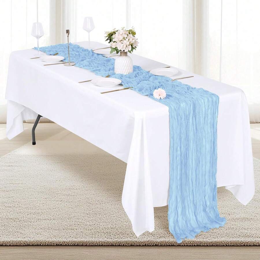 Sky Blue Cheesecloth Tablecloth, Table Runner, Crinkle Gauze Table Runner For Spring, Autumn Bohemian Wedding, Bridal Shower, Birthday Party, Outdoor Picnic, Dinner Party And Home Dining Decor - Baby Blue - View 1