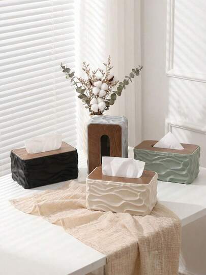 这款时尚的INS风米色纸巾盒，采用北欧简约设计，既可用作桌面纸巾架，也可用作浴室纸巾盒。其波浪形表面设计和木质盒盖，使其既是浴室装饰品，也是理想的乔迁或节日礼物。适用于家居装饰，可用于浴室、客厅和办公室，尤其适合万圣节、圣诞节、感恩节和国庆节等节日。