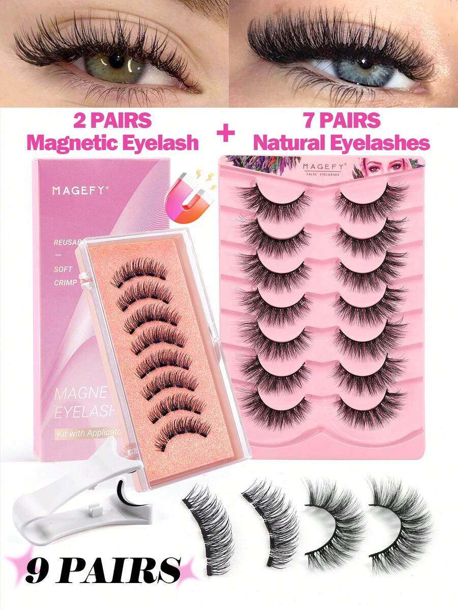 MAANGE 2/7/9 Pairs Cartoon False Eyelashes Set, Long-Lasting & Durable, Curly & Natural-Looking Magnetic Lashes, Reusable Cartoon Magnetic Eyelash Kit With Applicator, No Glue Needed, Easy To Wear & Remove
