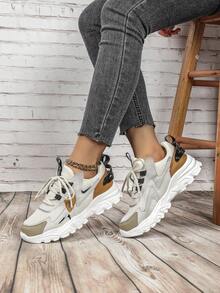Simple And Comfortable Beige-Brown Color-Block Women's Outdoor Trail Running Shoes, Soft And Comfortable Soles, Thick Sole For Added Height, Suitable For Daily Wear, Commuting, Travel, And Plus-Size Couple Shoes - Beige - View 5