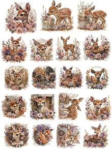 19 pièces/set Autocollants thème forêt mignonne avec cerfs à l'aquarelle, oiseaux d'automne vintage. Comprend des motifs floraux. Convient pour les journaux, la décoration de cahiers, d'albums et de téléphones. - Grille - Voir 9